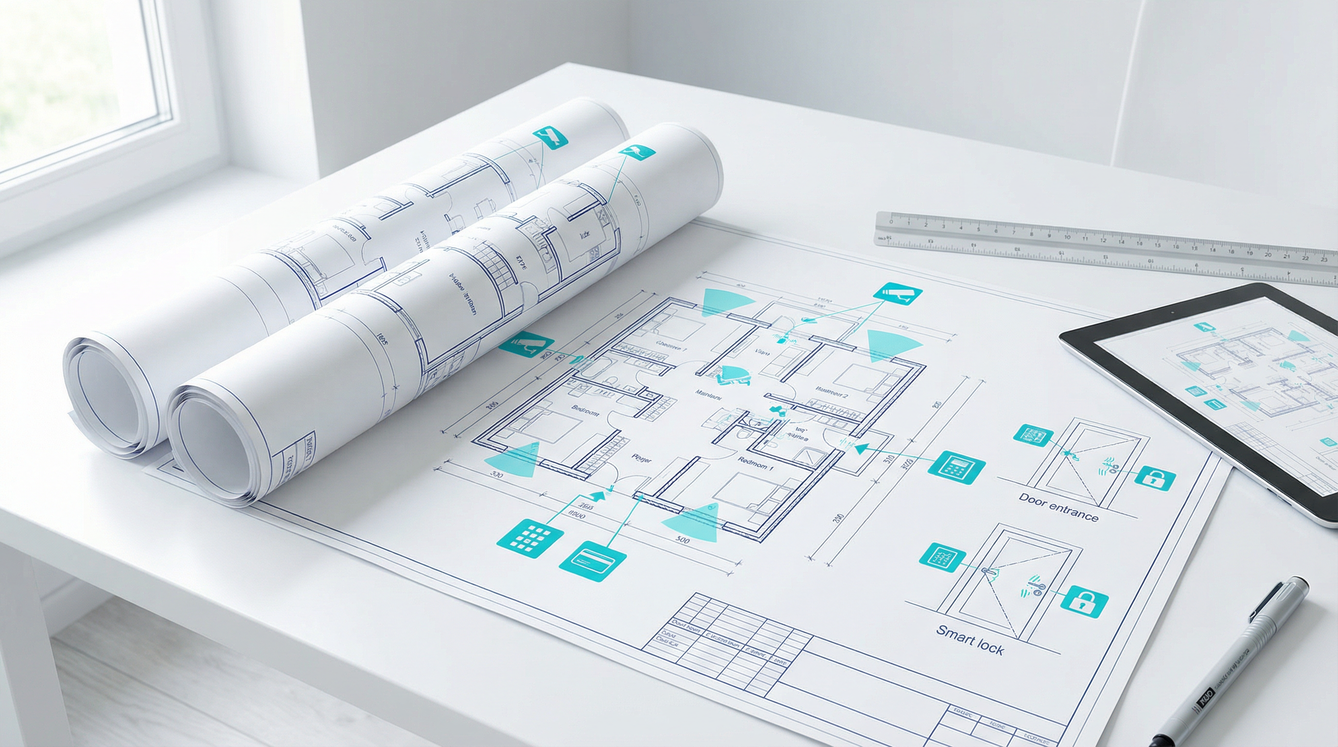 Planos arquitectónicos con puntos de control de accesos y cerraduras inteligentes