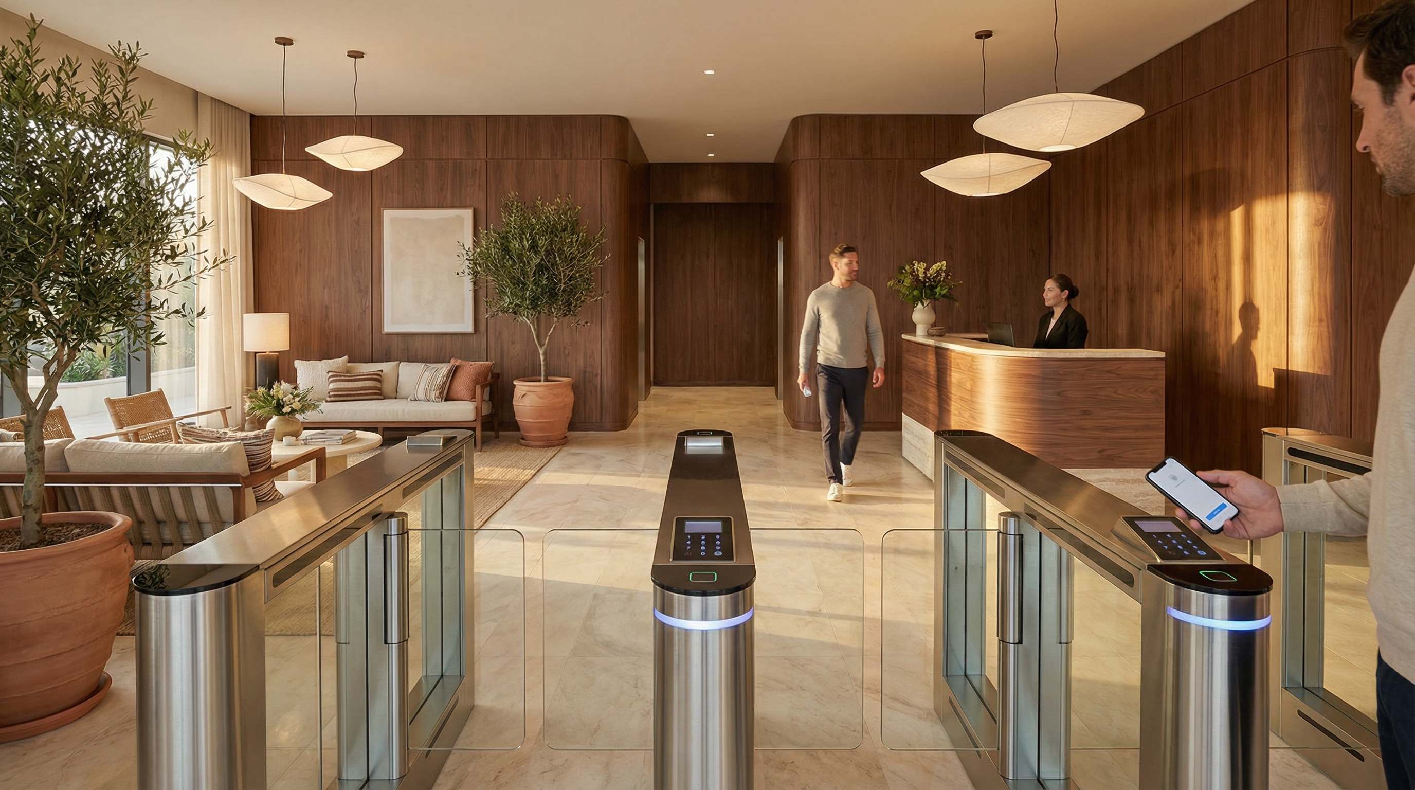 Lobby de edificio Build to Rent con sistema de control de accesos moderno