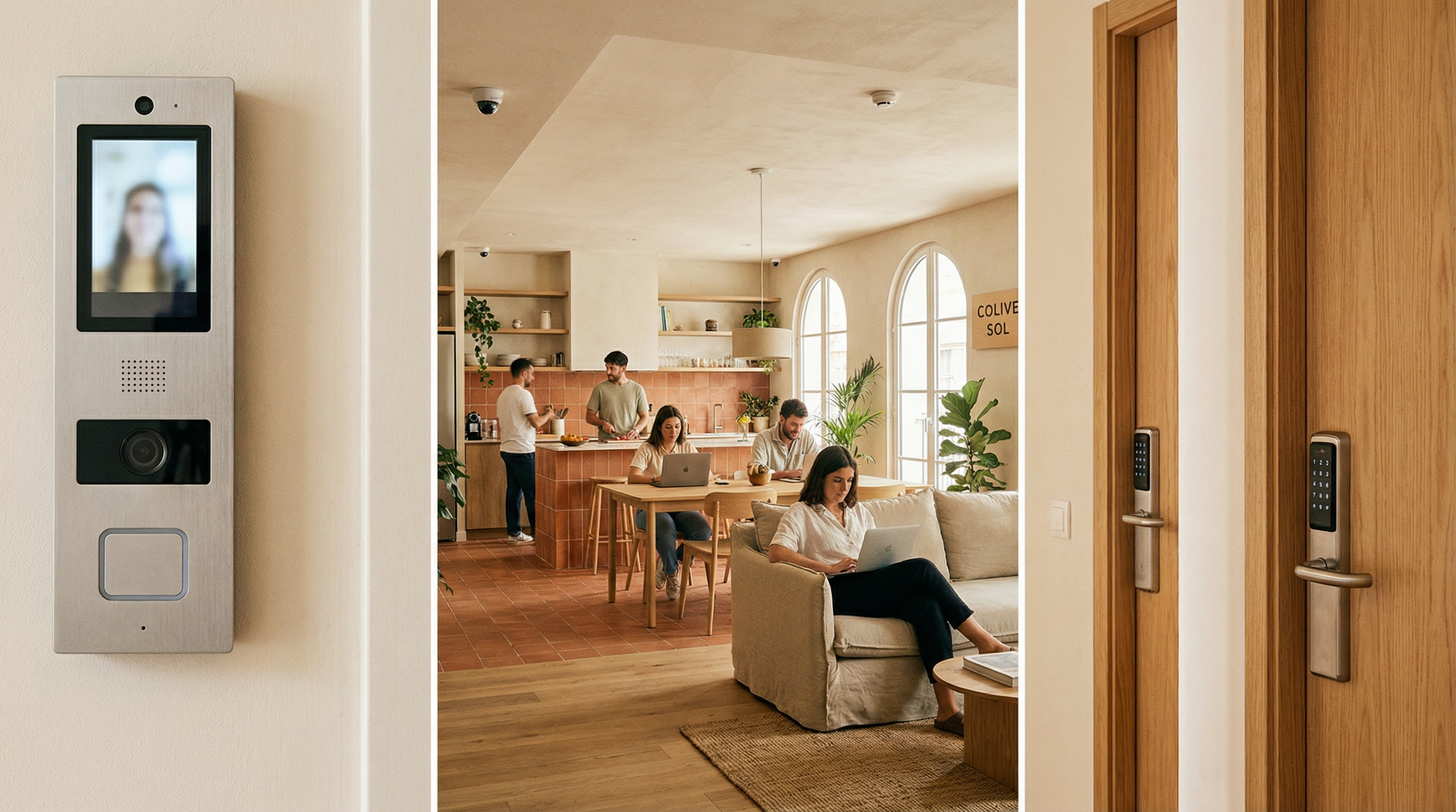 Espacio común de coliving con sistemas de seguridad integrados discretamente